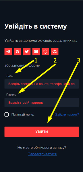 Форма авторизації на сайті Bitz, де потрібно ввести логін і пароль для входу в обліковий запис, з позначенням полів форми.